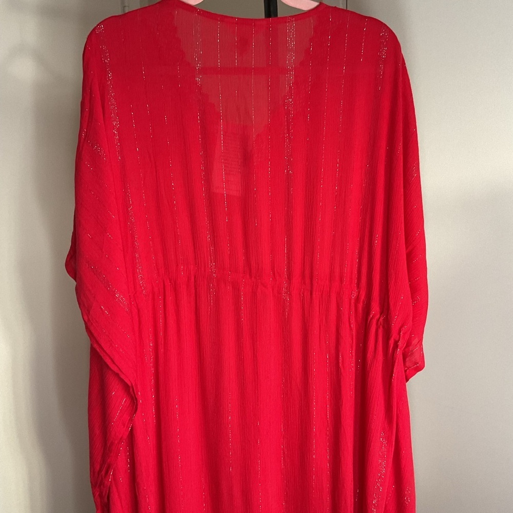 Gypsie Blu Red Rayon Kaftan Maxi Dress OS Plus Lurex Stripe Boho Vacation - Picture 7 of 7